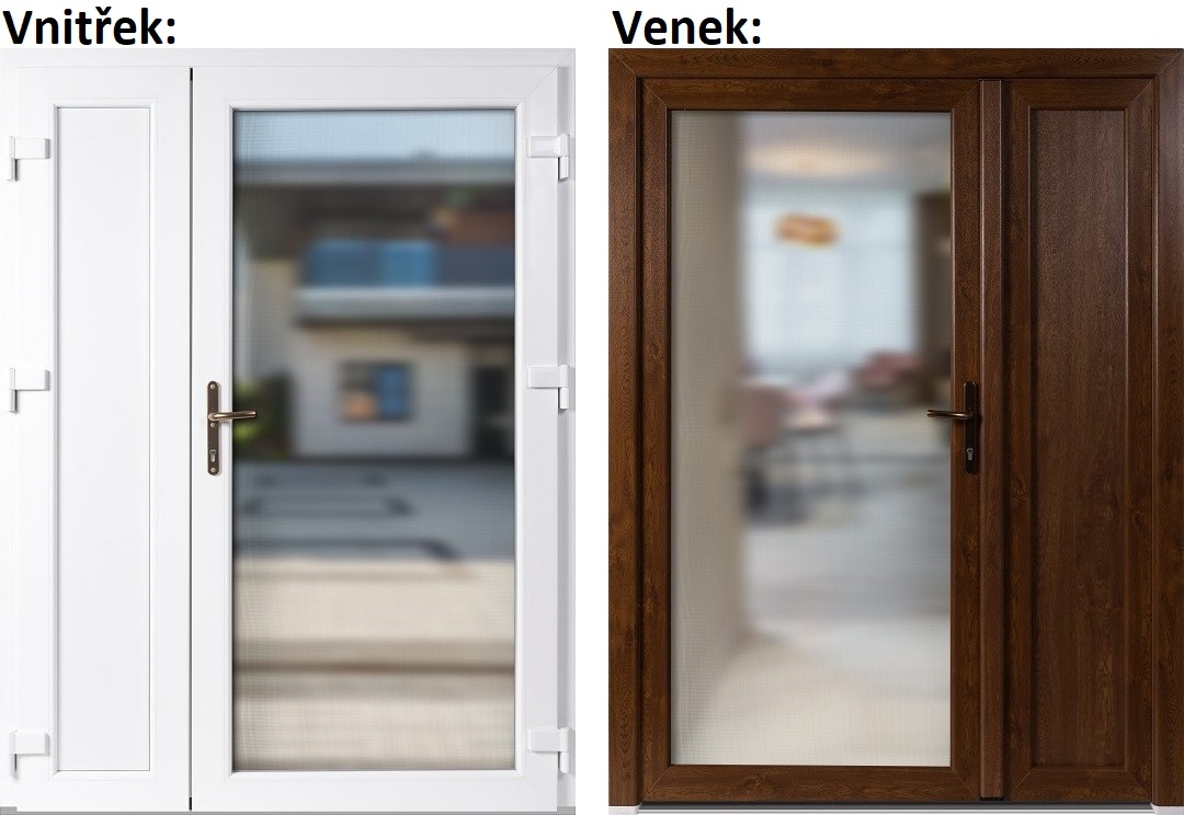 Lacn dvojkrdlov vchodov dvere plastov Soft 3/3 sklo Krizet+panel Zl. dub/Biela 130x200cm prav